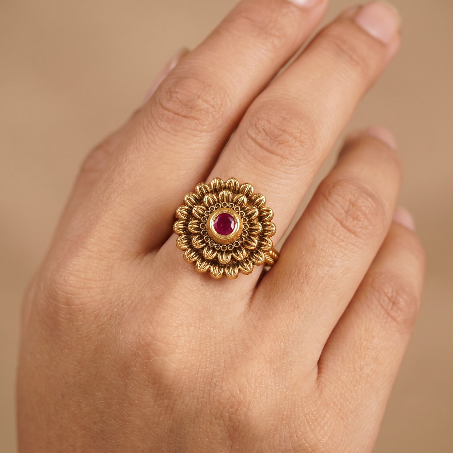 Floral Rosette Antique Finger Ring with Sculpted Petal Detailing and Ornate Centre