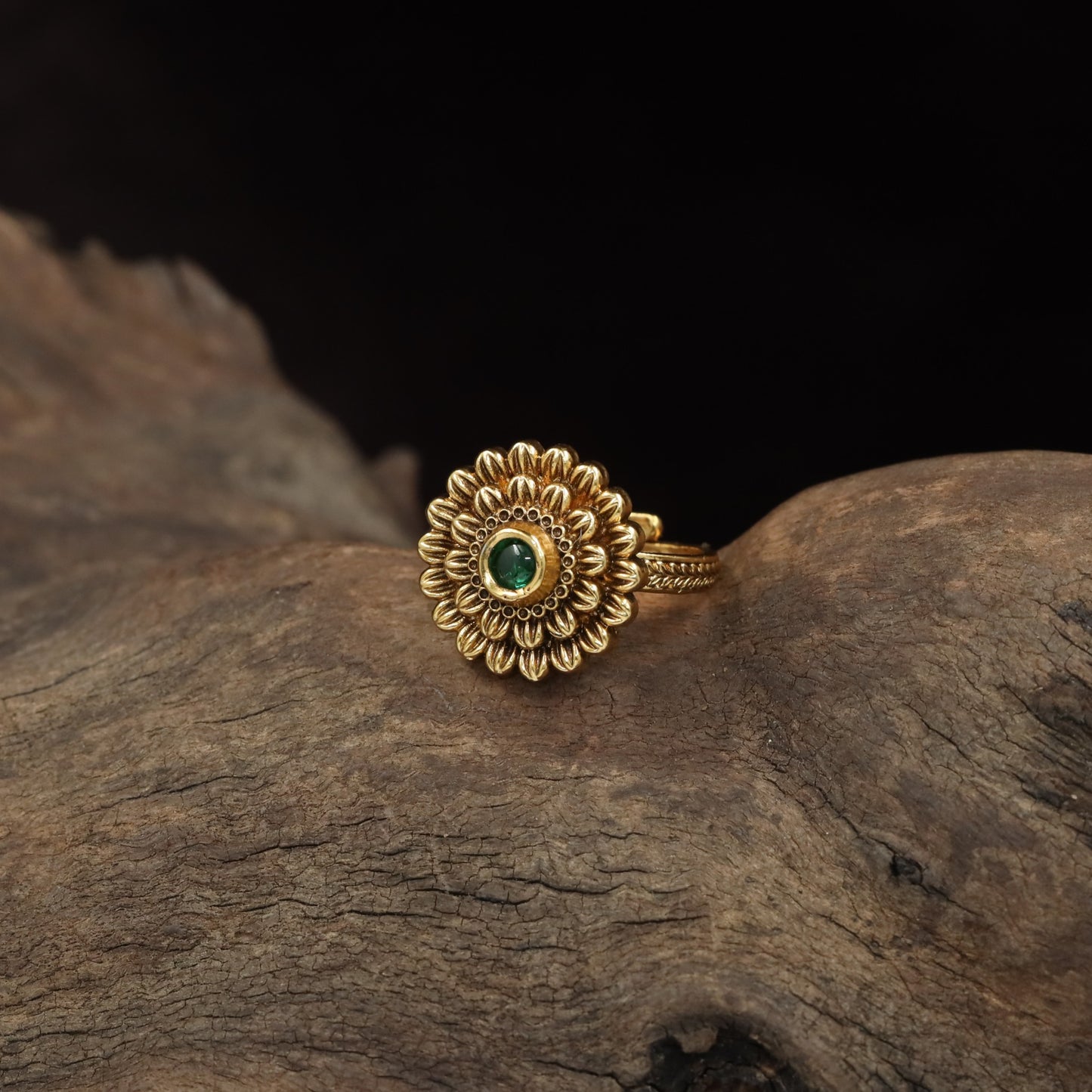 Floral Rosette Antique Finger Ring with Sculpted Petal Detailing and Ornate Centre