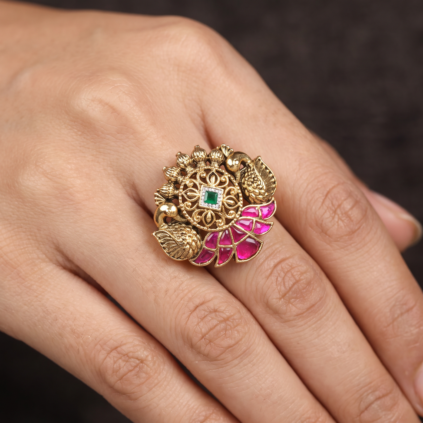 Swan Antique Finger Ring with Sculpted Floral Details and Ornate Centre