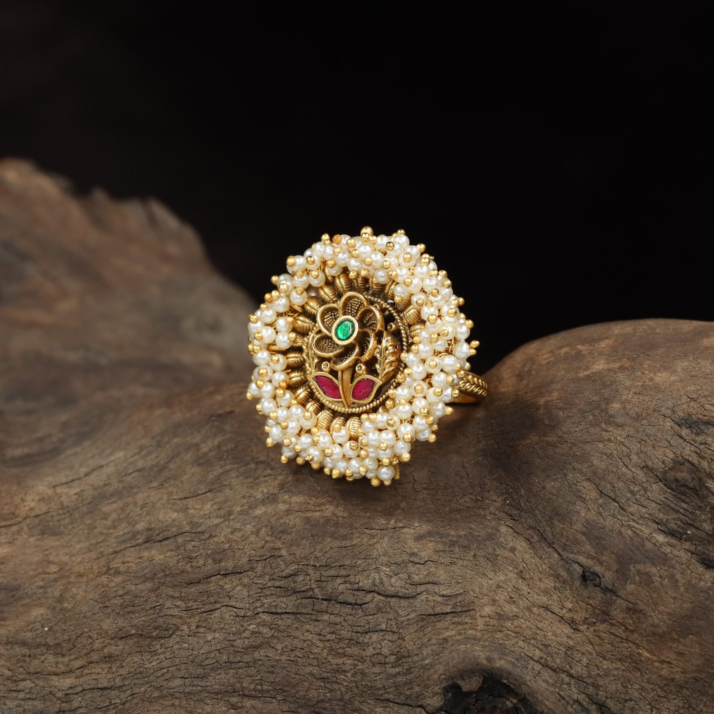 Antique Finger Ring Featuring a Sculpted Floral Centre and Pearl Fringe