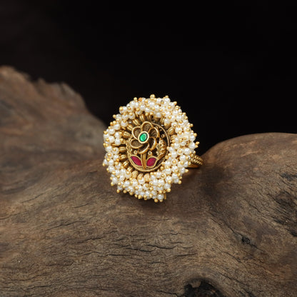 Antique Finger Ring Featuring a Sculpted Floral Centre and Pearl Fringe
