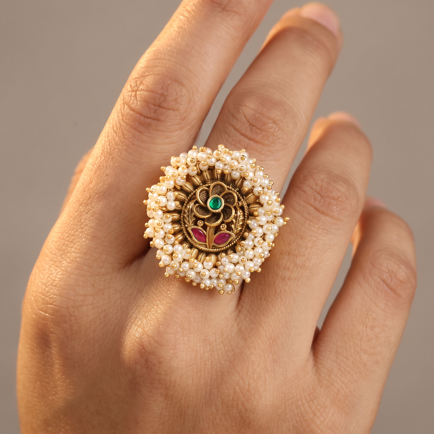 Antique Finger Ring Featuring a Sculpted Floral Centre and Pearl Fringe