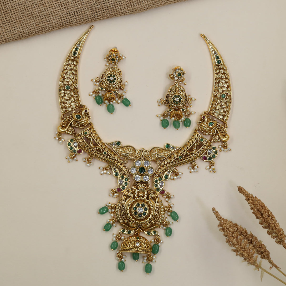 Grand Antique Necklace Set with Curved Carved Elements