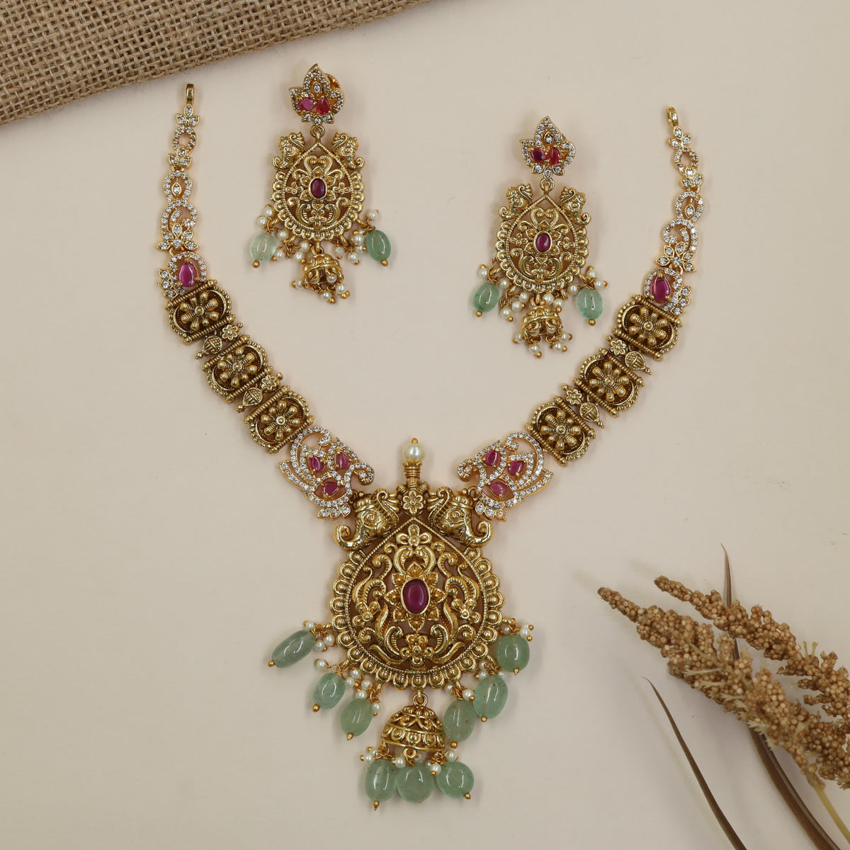 Sculpted Antique Necklace Set with Floral Scrollwork