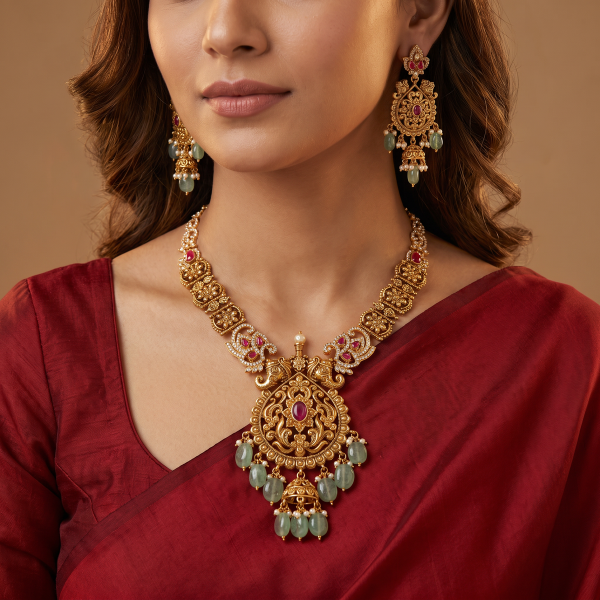 Sculpted Antique Necklace Set with Floral Scrollwork