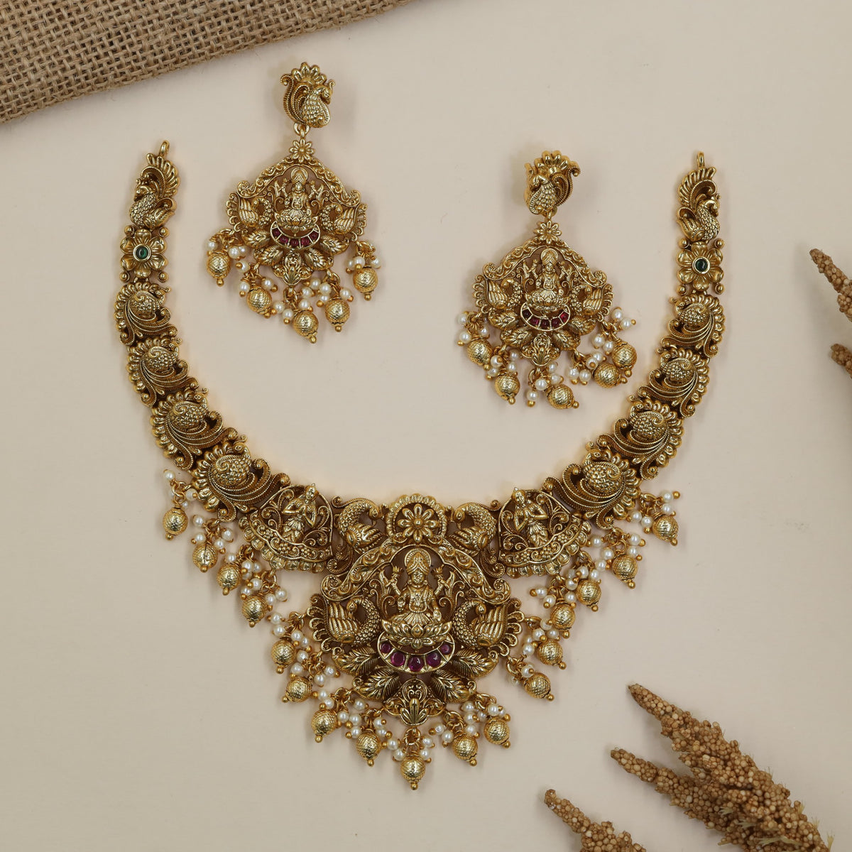 Seated Lakshmi Antique Necklace Set with Sculpted Earrings