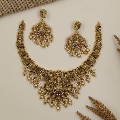 Seated Lakshmi Antique Necklace Set with Sculpted Earrings