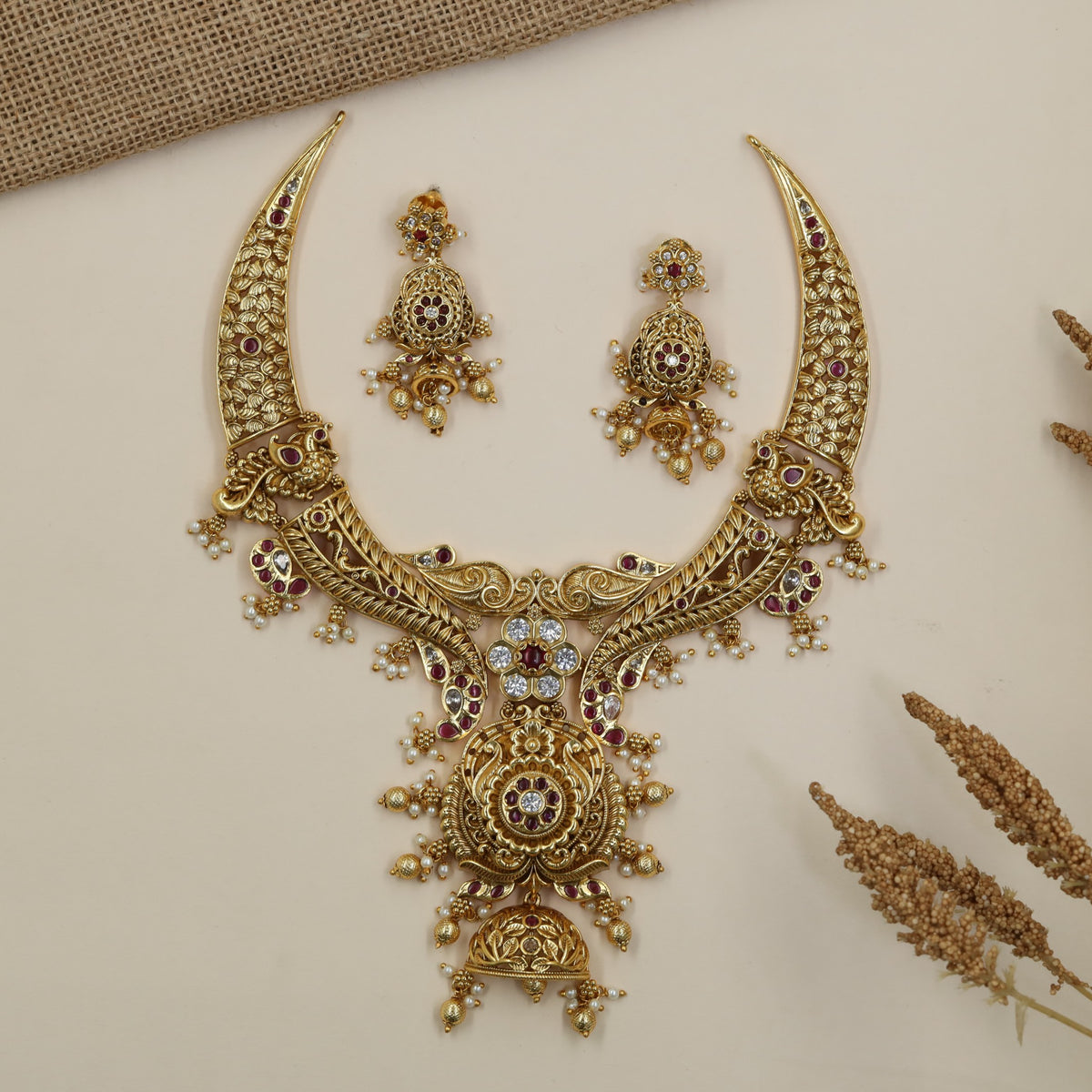 Grand Antique Necklace Set with Curved Carved Elements