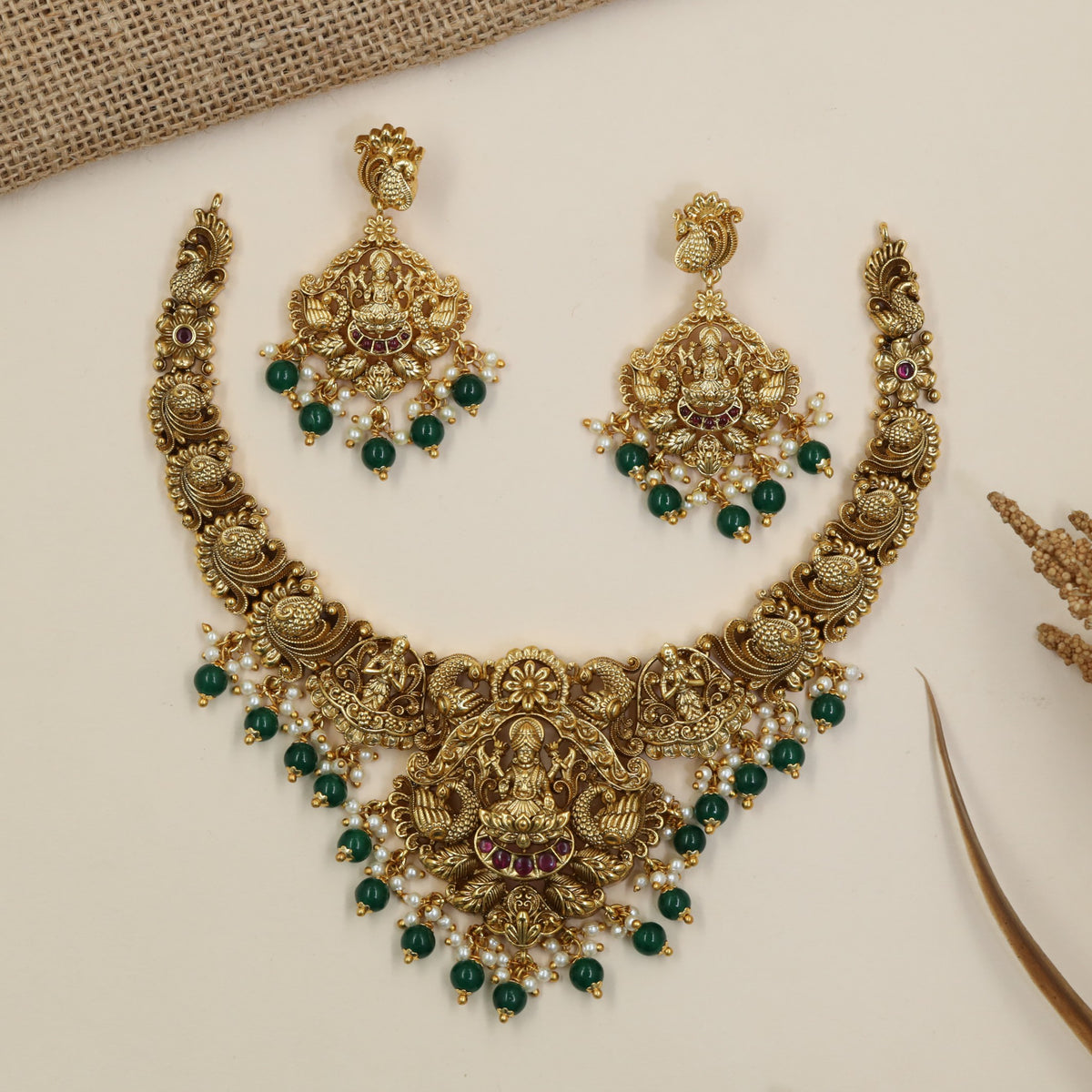 Seated Lakshmi Antique Necklace Set with Sculpted Earrings