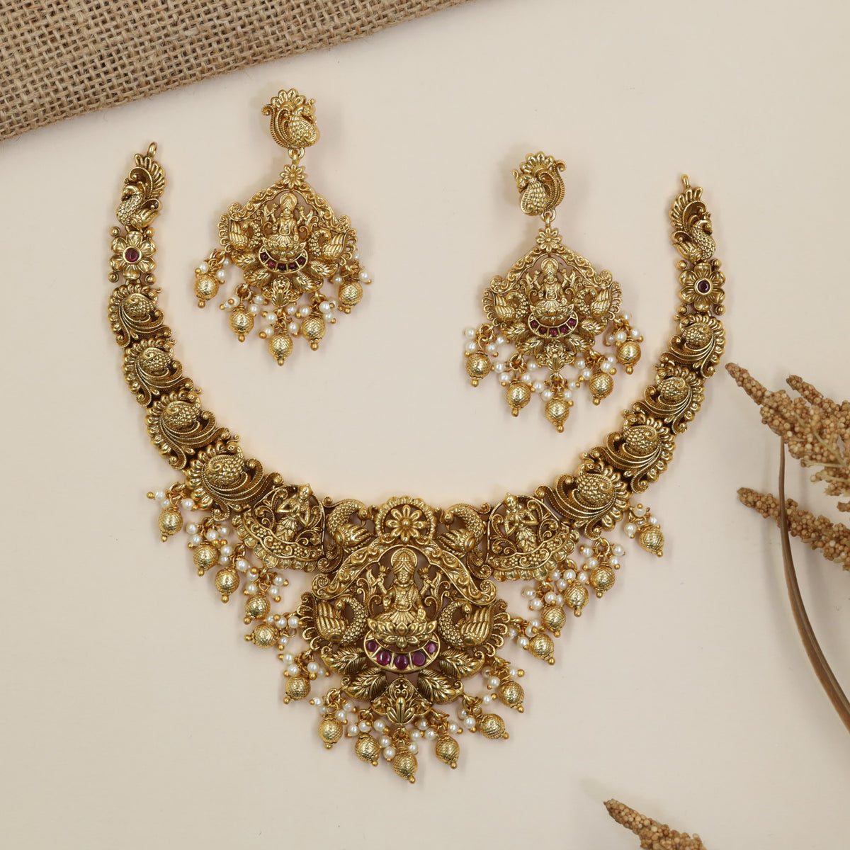 Seated Lakshmi Antique Necklace Set with Sculpted Earrings