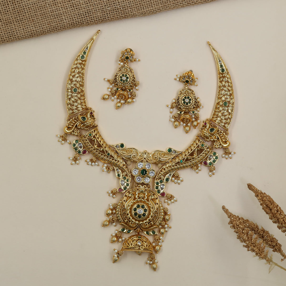 Grand Antique Necklace Set with Curved Carved Elements