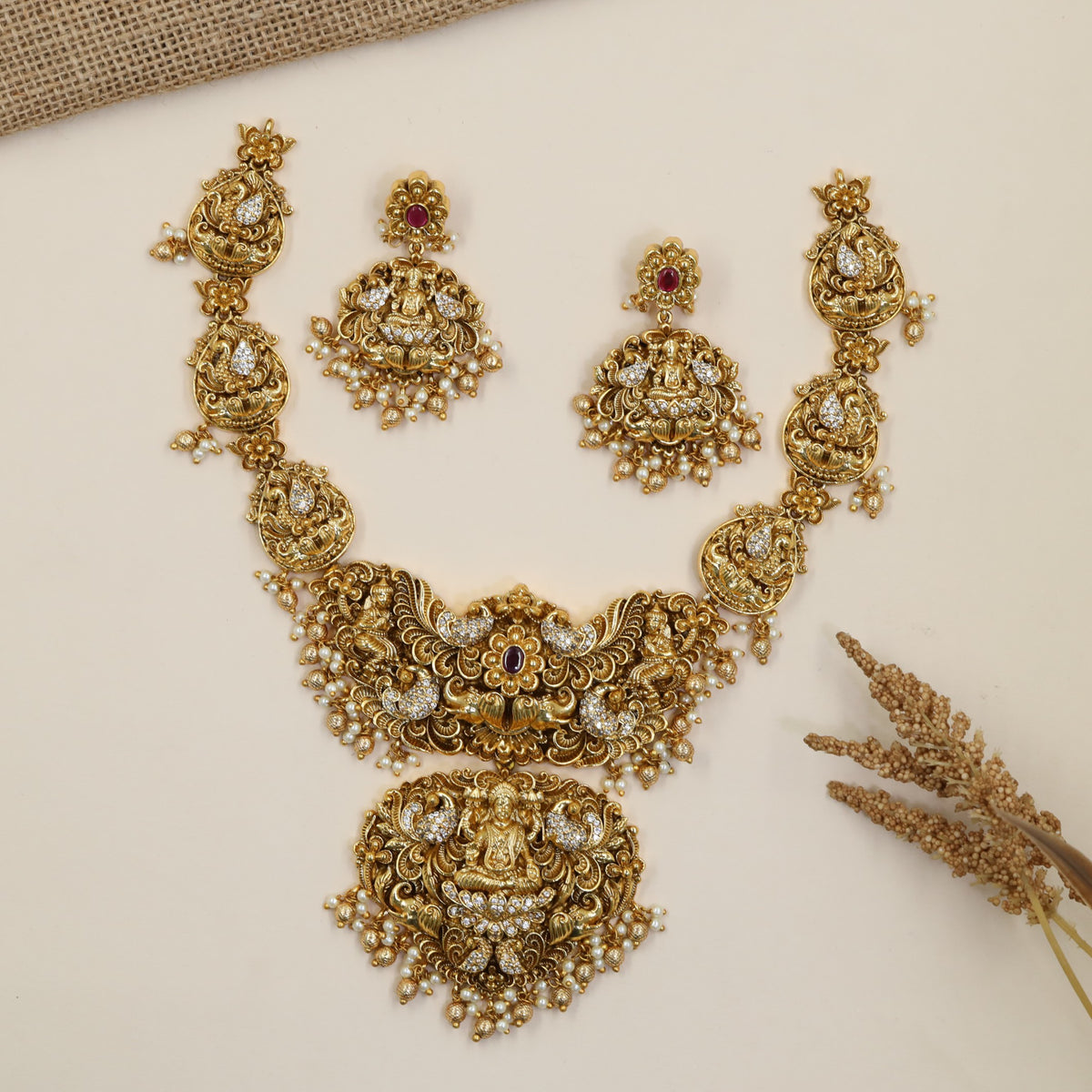 Traditional Lakshmi Antique Necklace Set with Bead Drops