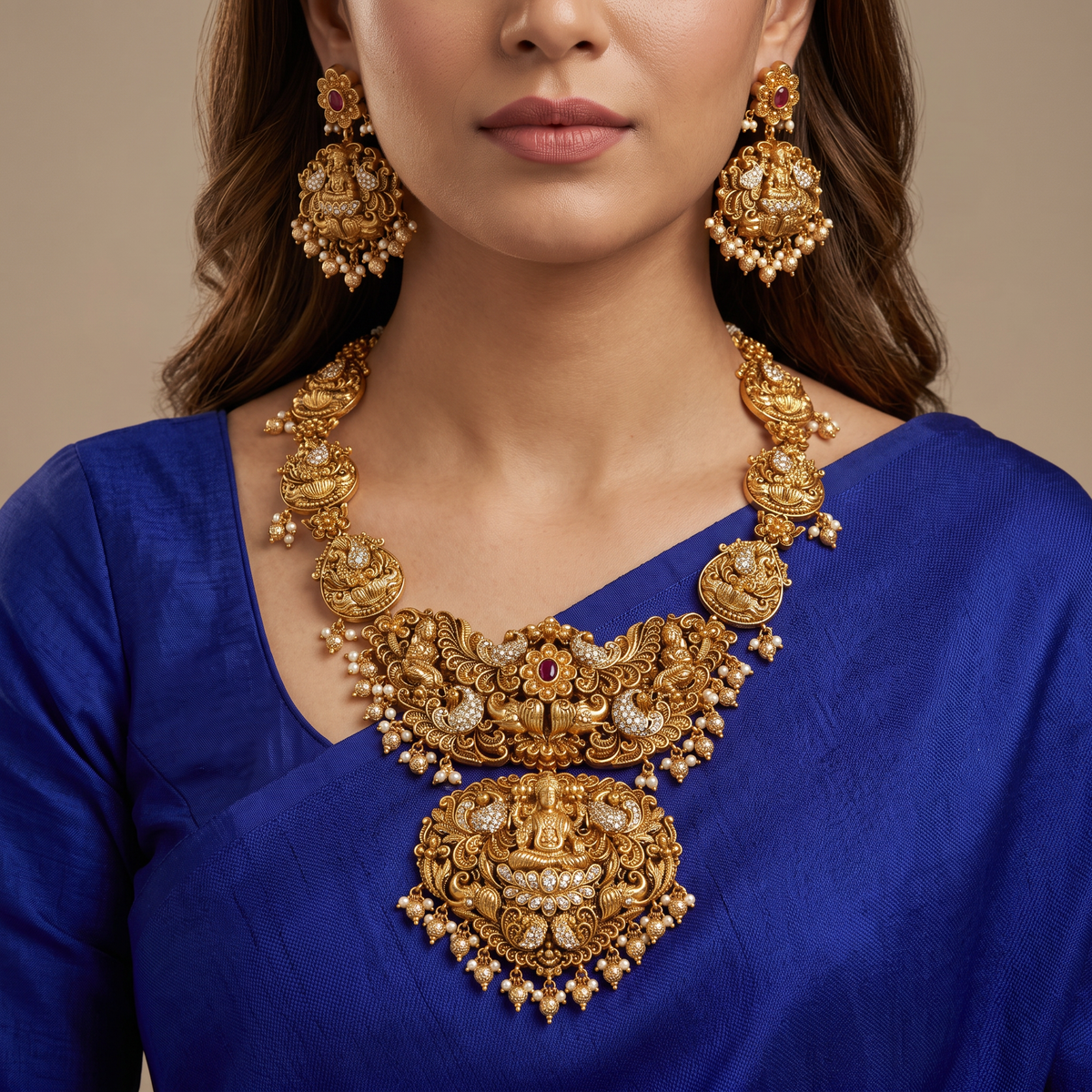 Traditional Lakshmi Antique Necklace Set with Bead Drops
