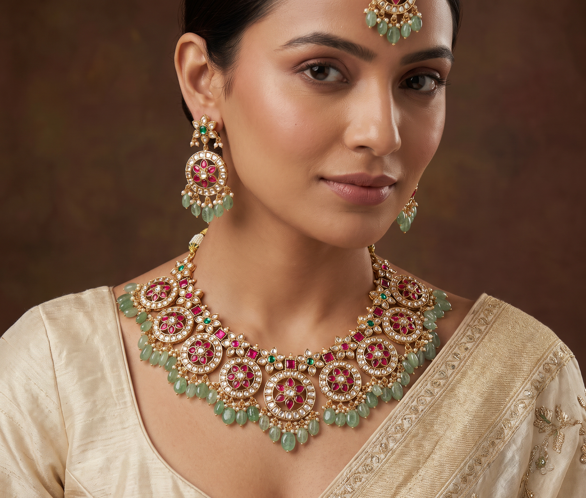 Temple Style Jadau Necklace Combo Set