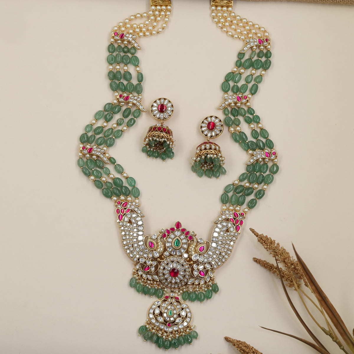 Bridal Peacock Jadau Beads Long Haara Set