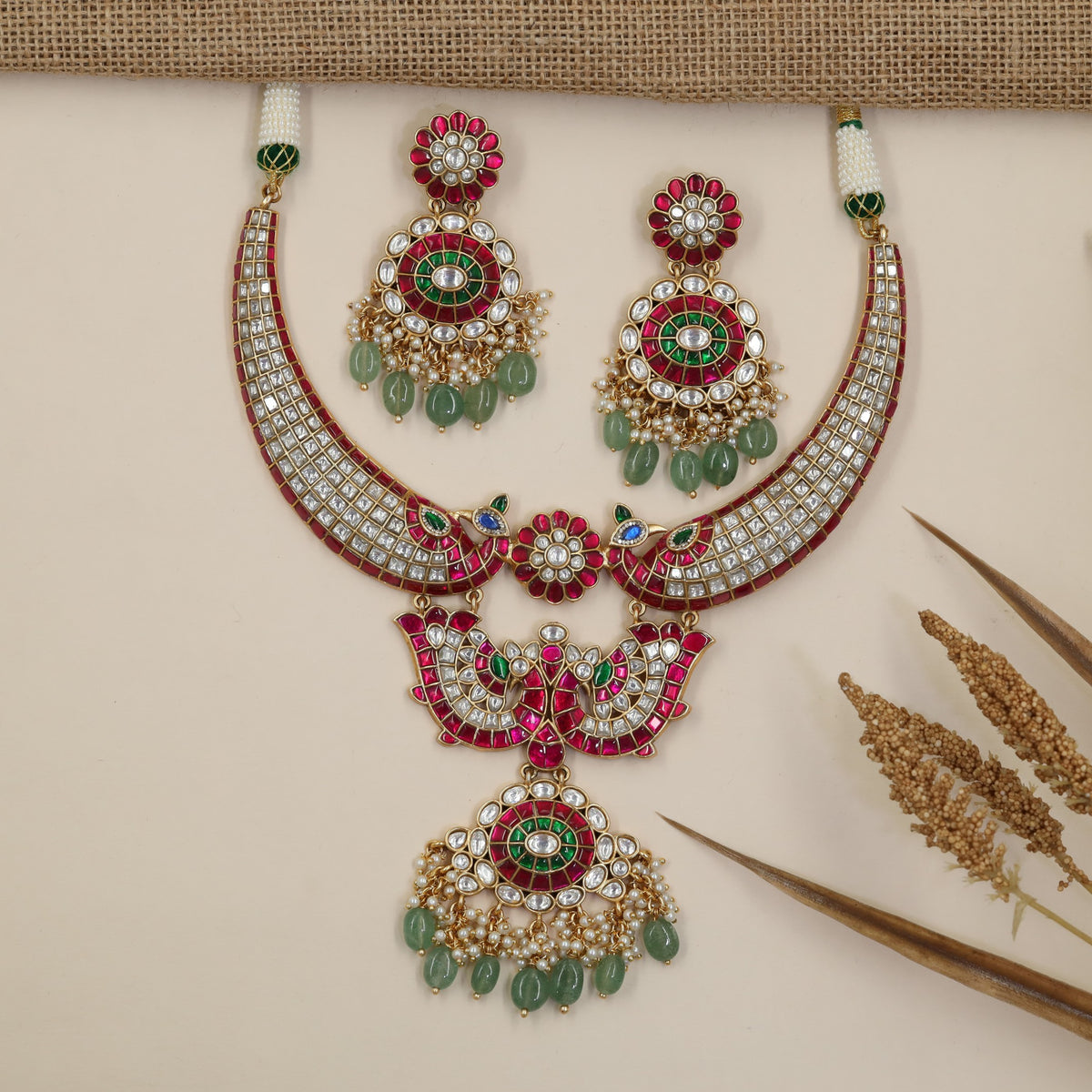 Bridal Jadau Necklace Set with Ornate Peacock Design