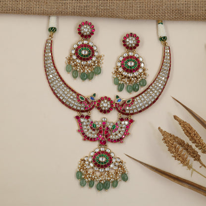 Bridal Jadau Necklace Set with Ornate Peacock Design