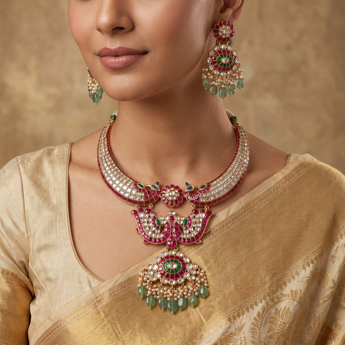 Bridal Jadau Necklace Set with Ornate Peacock Design