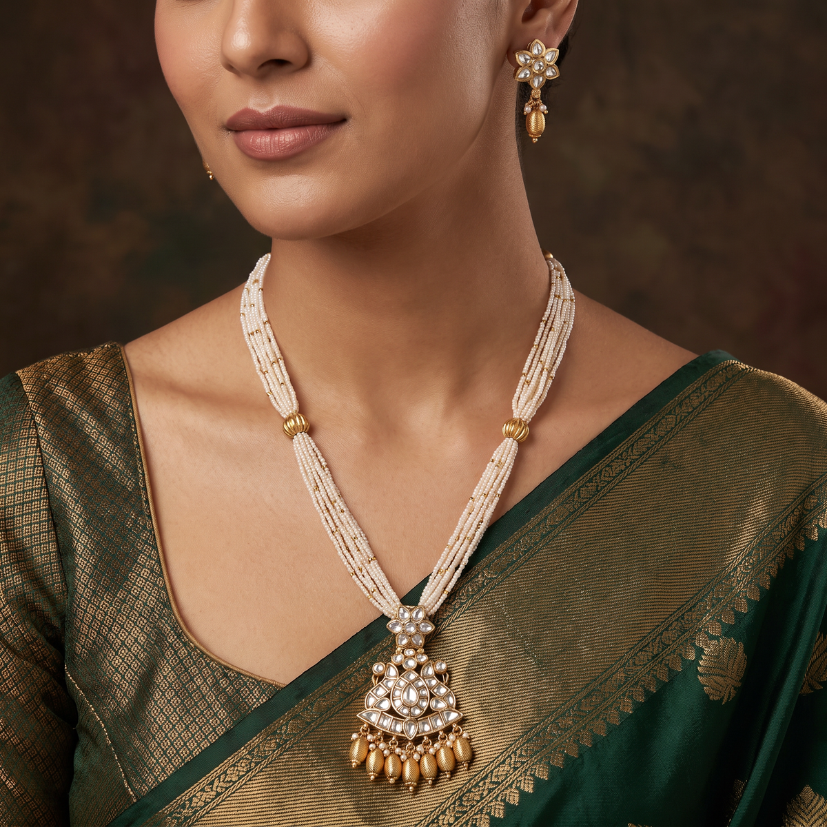 Kundan Pearl Beads Necklace Set with Floral Crest