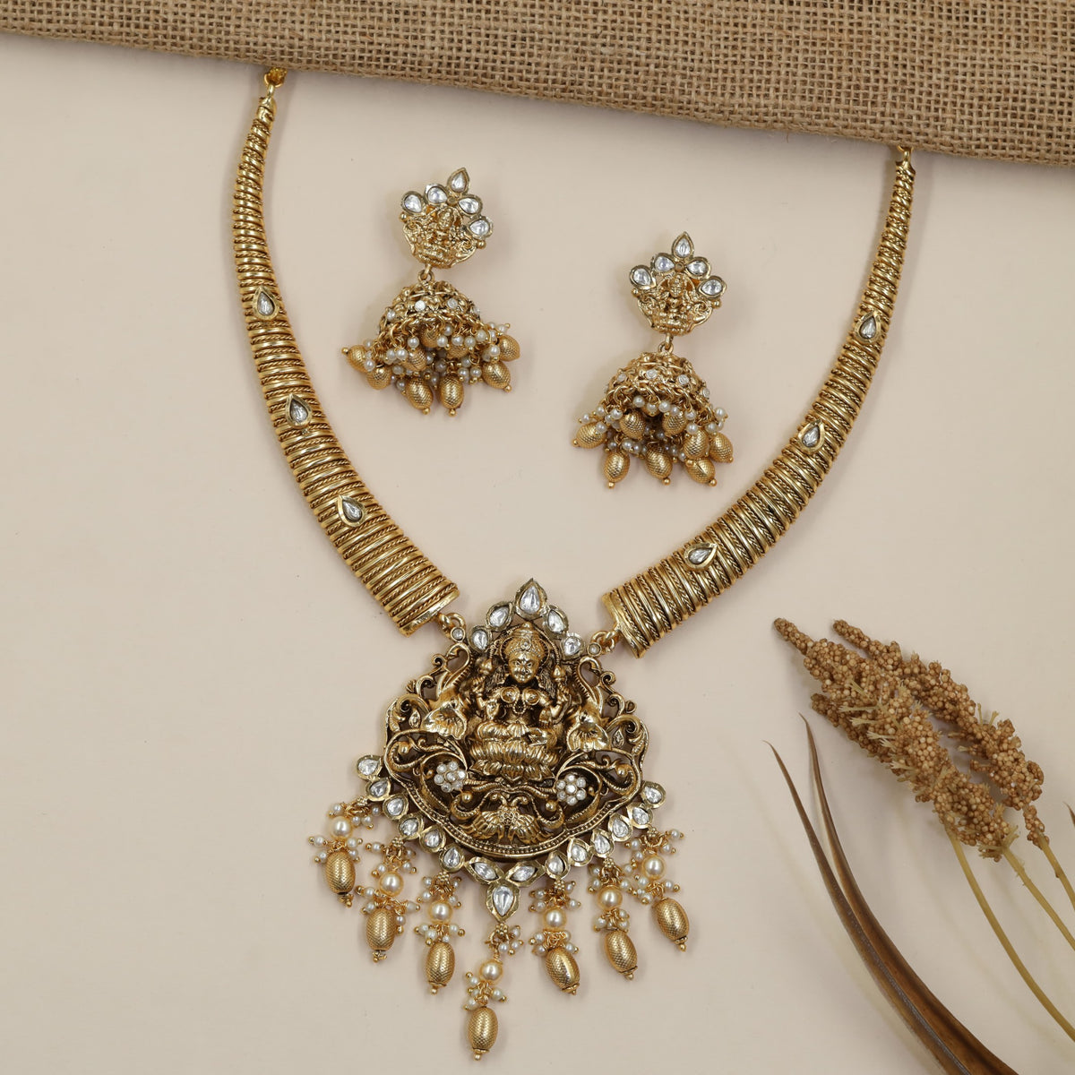 Traditional Lakshmi Necklace Set with Cascading Dropwork