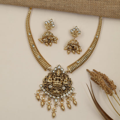 Traditional Lakshmi Necklace Set with Cascading Dropwork