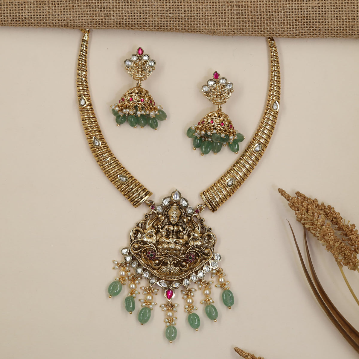 Traditional Lakshmi Necklace Set with Cascading Dropwork
