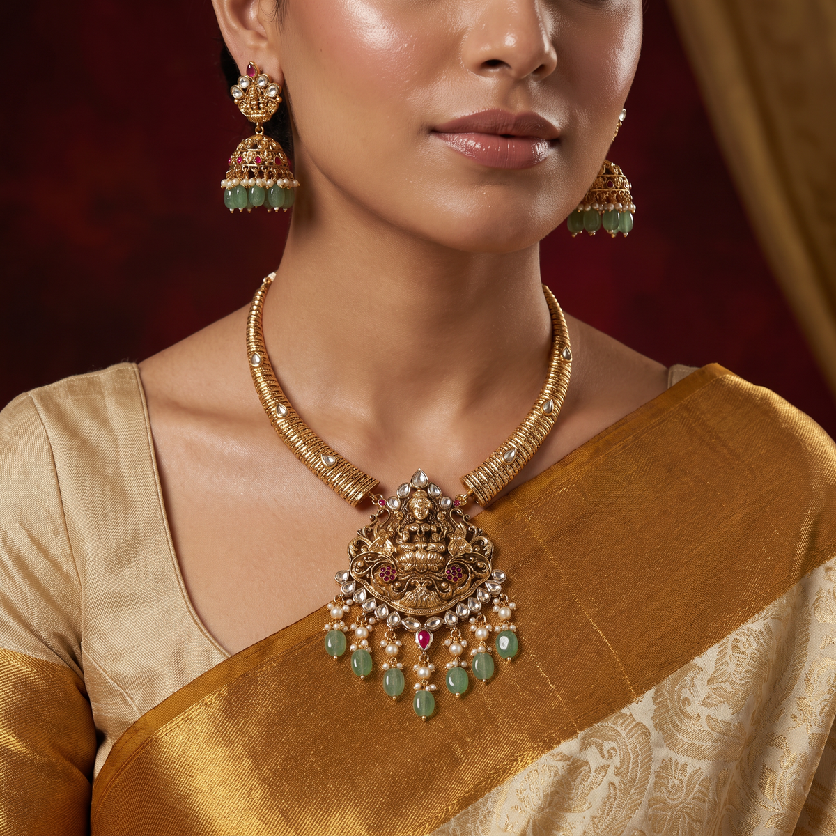 Traditional Lakshmi Necklace Set with Cascading Dropwork