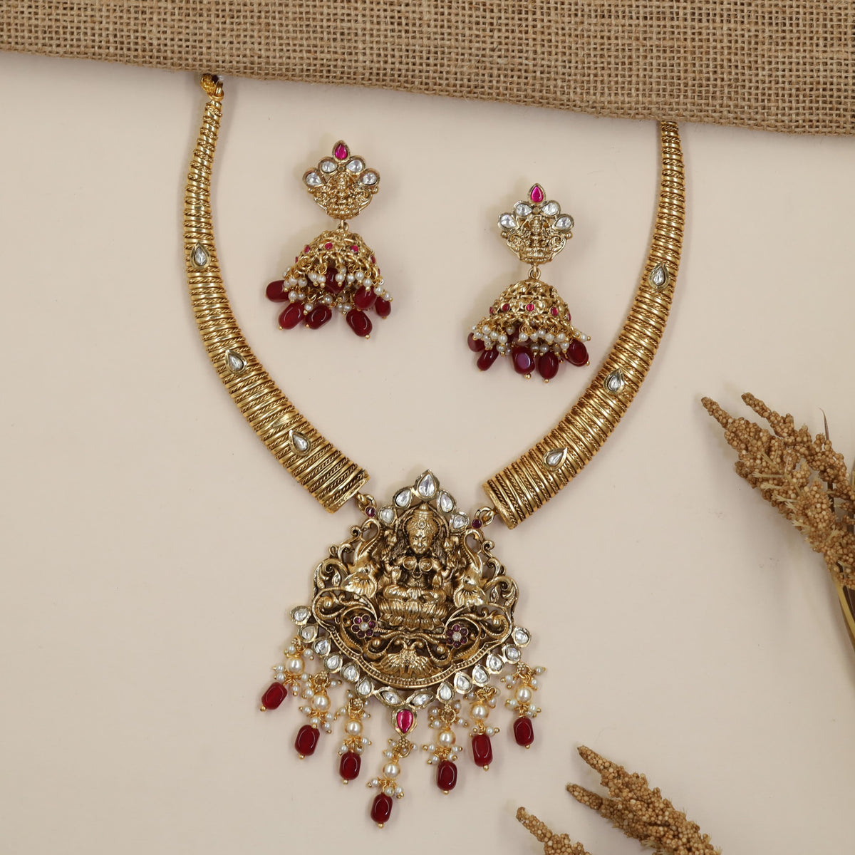 Traditional Lakshmi Necklace Set with Cascading Dropwork