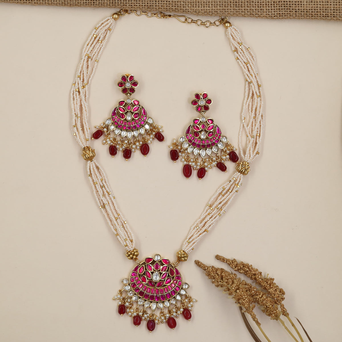 Floral Beads Necklace Set with Lotus-Inspired Pendant