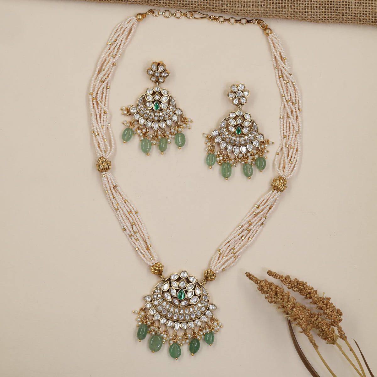 Floral Beads Necklace Set with Lotus-Inspired Pendant