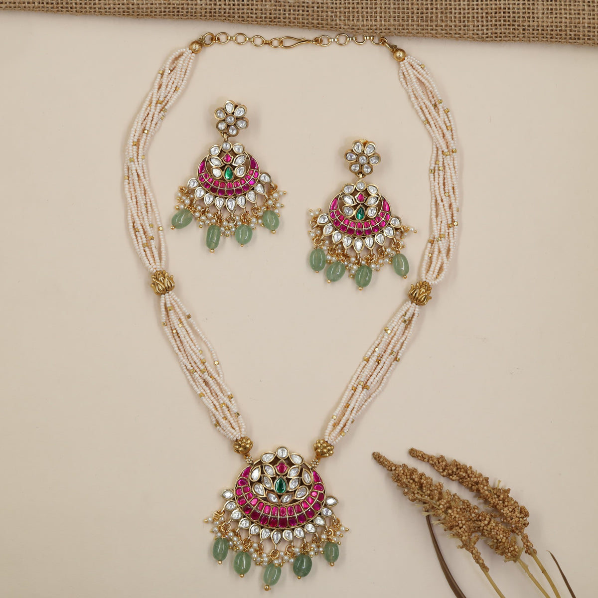 Floral Beads Necklace Set with Lotus-Inspired Pendant