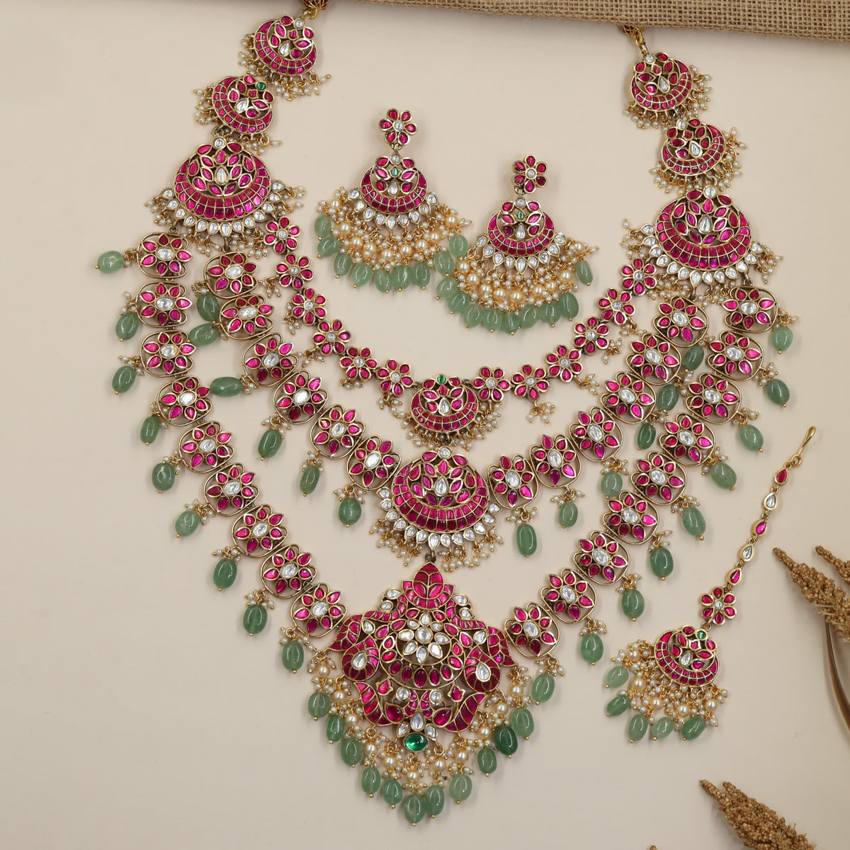 Floral Jadau Long Haara Combo Set with Cascading Rosettes