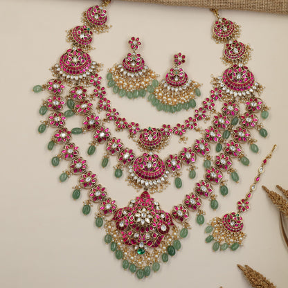 Floral Jadau Long Haara Combo Set with Cascading Rosettes