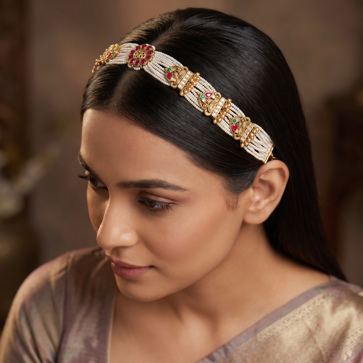 Jadau Parrot Shishphul with Pearl Strands