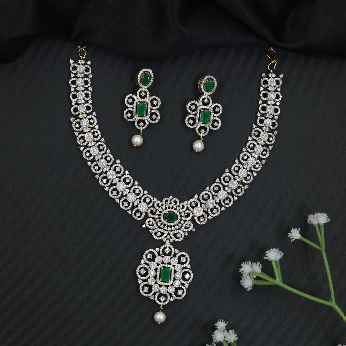 GJ Scrollwork Necklace Set with Pearl Drops