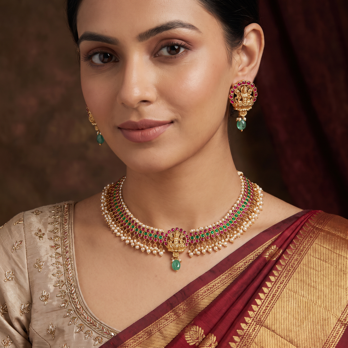Jadau Lakshmi Choker Set with Floral Links