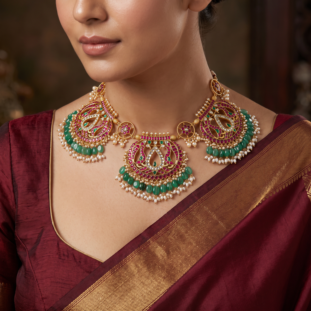 Jadau Floral Roundel Necklace with Curved Petal Work