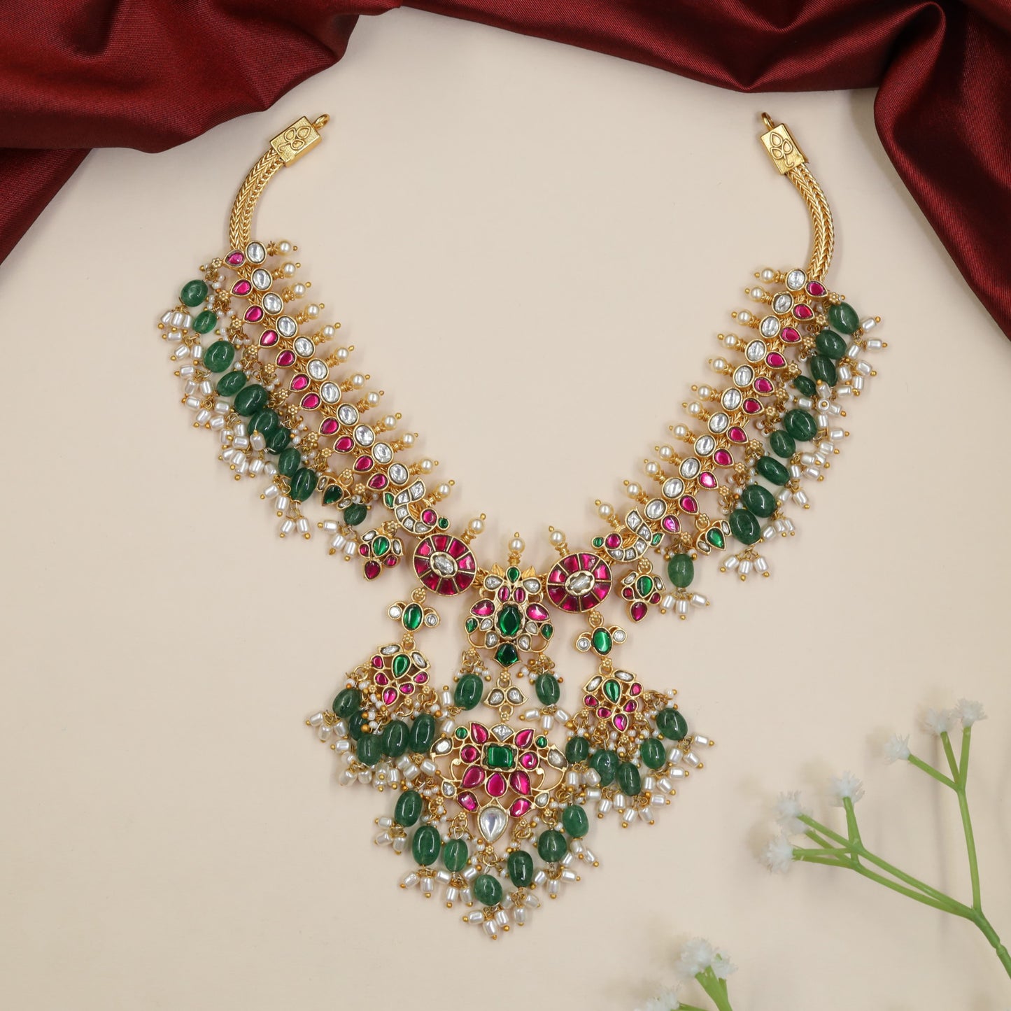 Bridal Treasury Jadau Necklace with Sculpted Petal Links and Cascading Bead Fringe