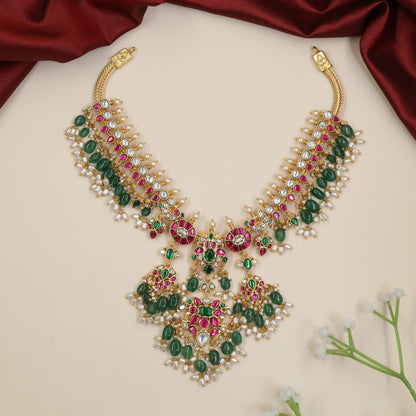 Bridal Treasury Jadau Necklace with Sculpted Petal Links and Cascading Bead Fringe