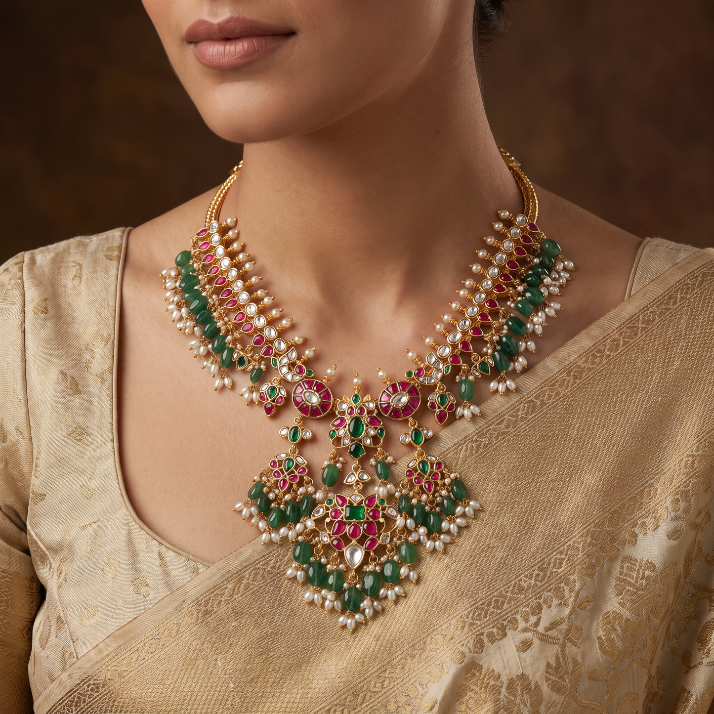 Bridal Treasury Jadau Necklace with Sculpted Petal Links and Cascading Bead Fringe