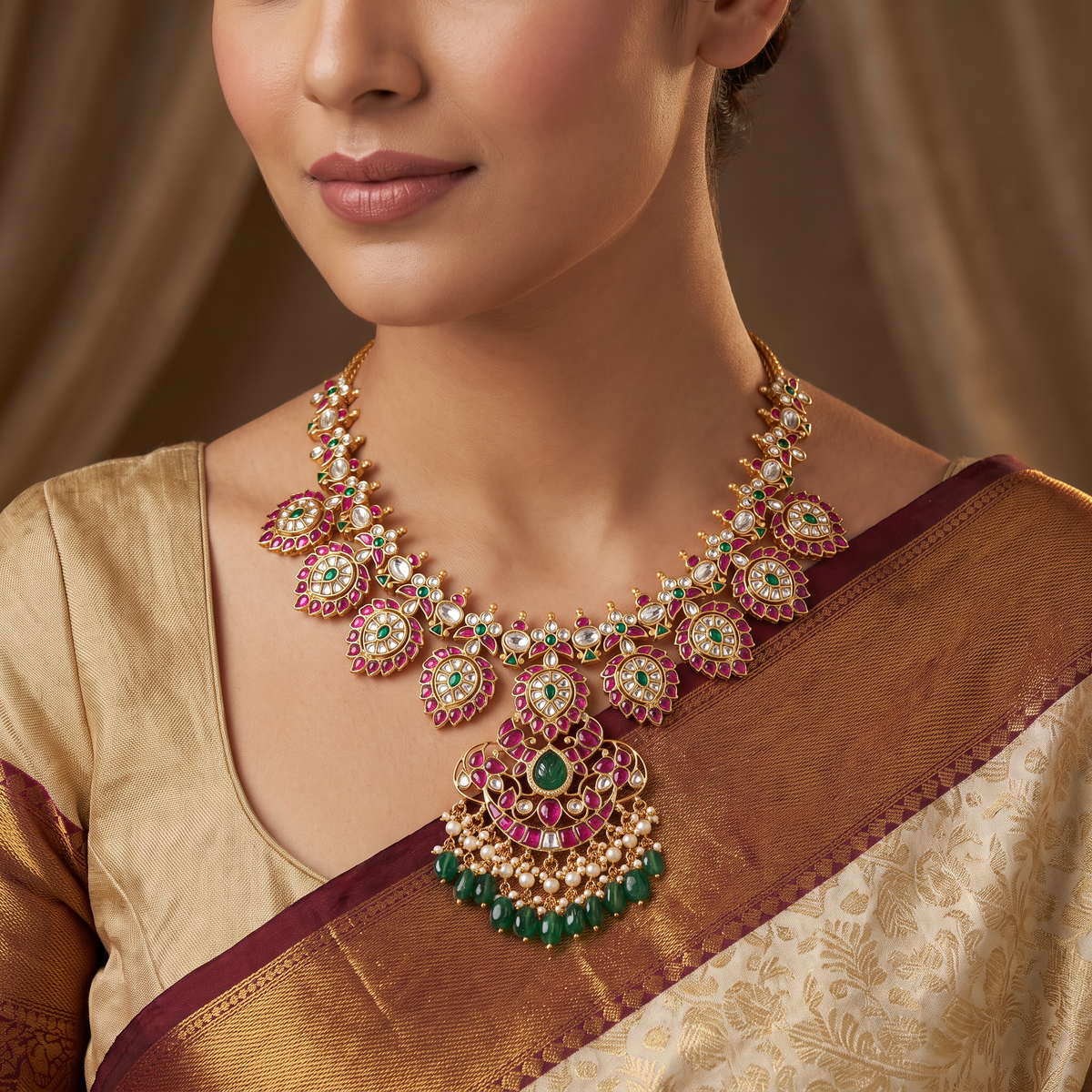 Imperial Jadau Rosette Necklace with Grand Pendant