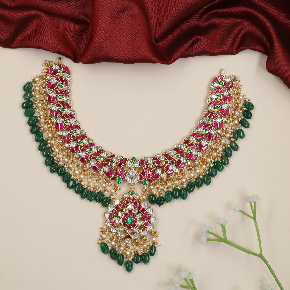 South Indian Jadau Necklace with Curved Floral Panels