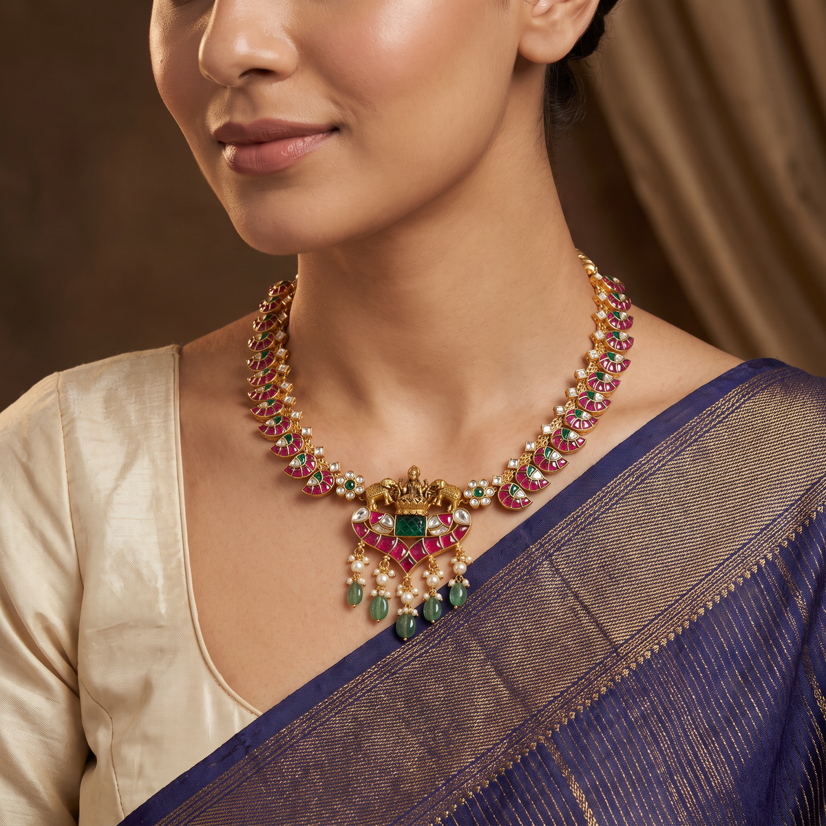 Heirloom Gajalakshmi Jadau Necklace with Sculpted Elephants