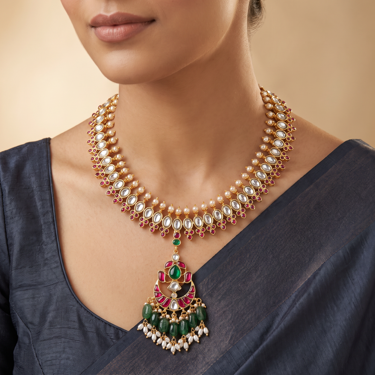 Jadau Oval Link Necklace with Cascading Pendant