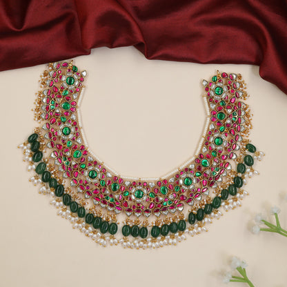 Jadau Floral Necklace with Layered Bead Fringe