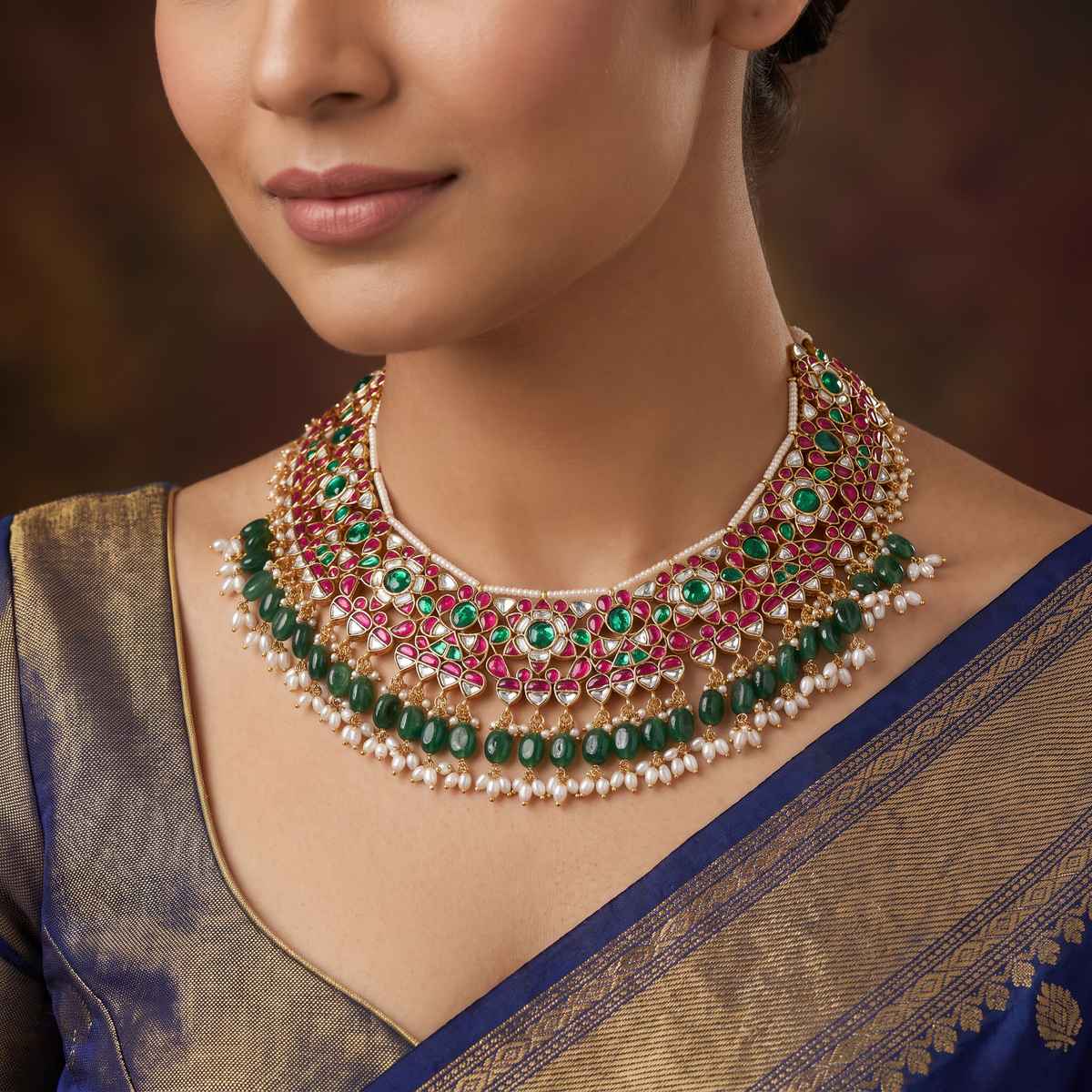 Jadau Floral Necklace with Layered Bead Fringe