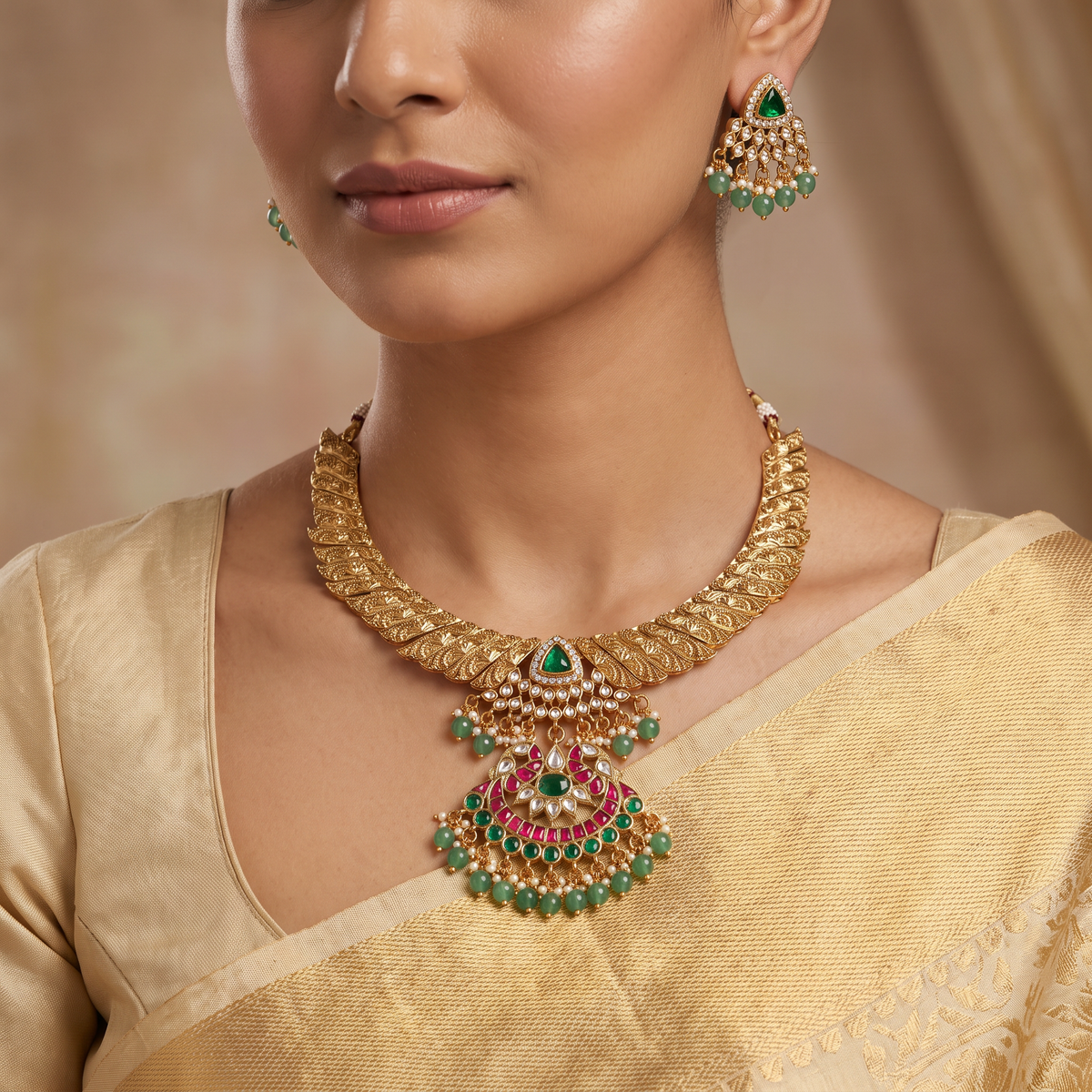 Jadau Leafwork Necklace Set with Geometric Pendant