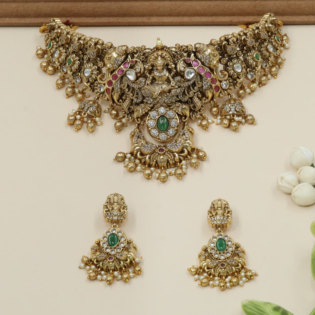 Antique Lakshmi Choker Set with Sculpted Florals