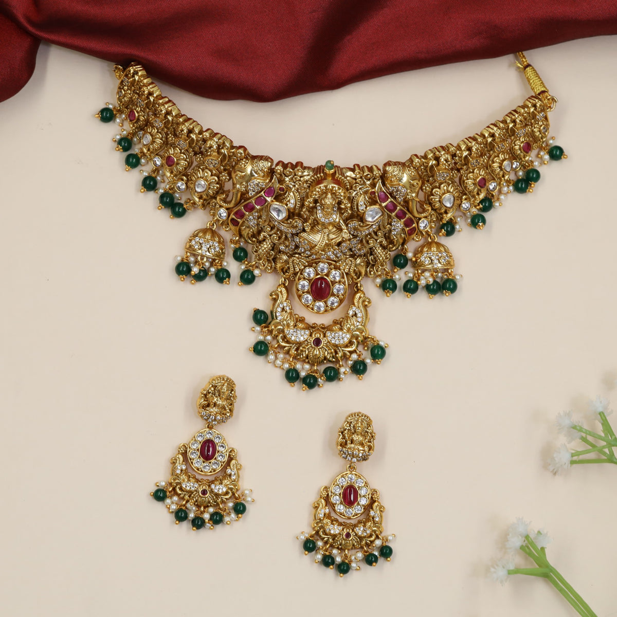 Antique Lakshmi Choker Set with Sculpted Florals