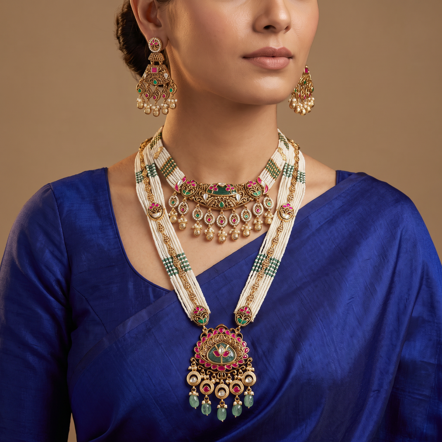 Antique Combo Jewellery Set with Long Beaded Necklace and Statement Pendant